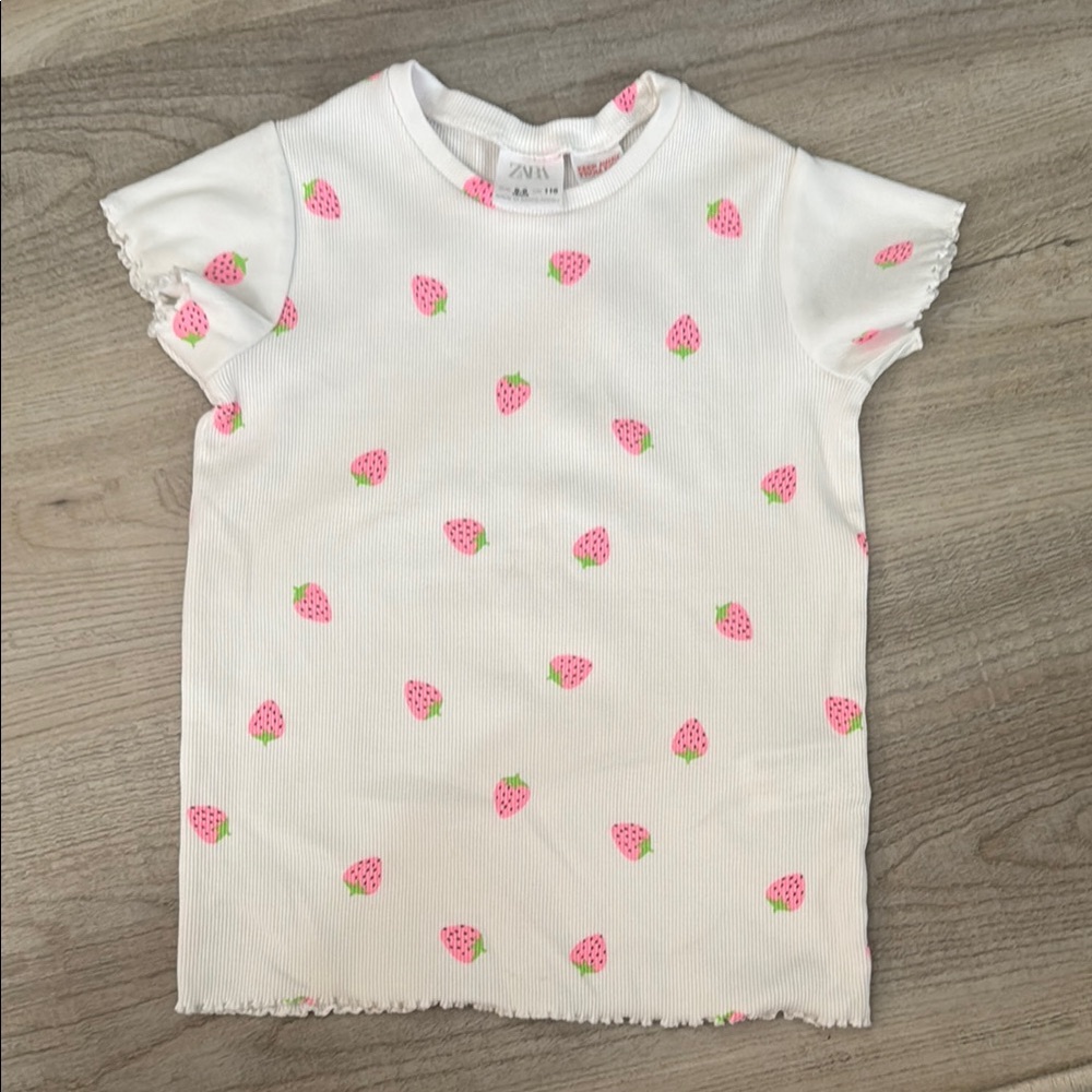 Zara White and Pink Strawberry Print Short Sleeve Tee